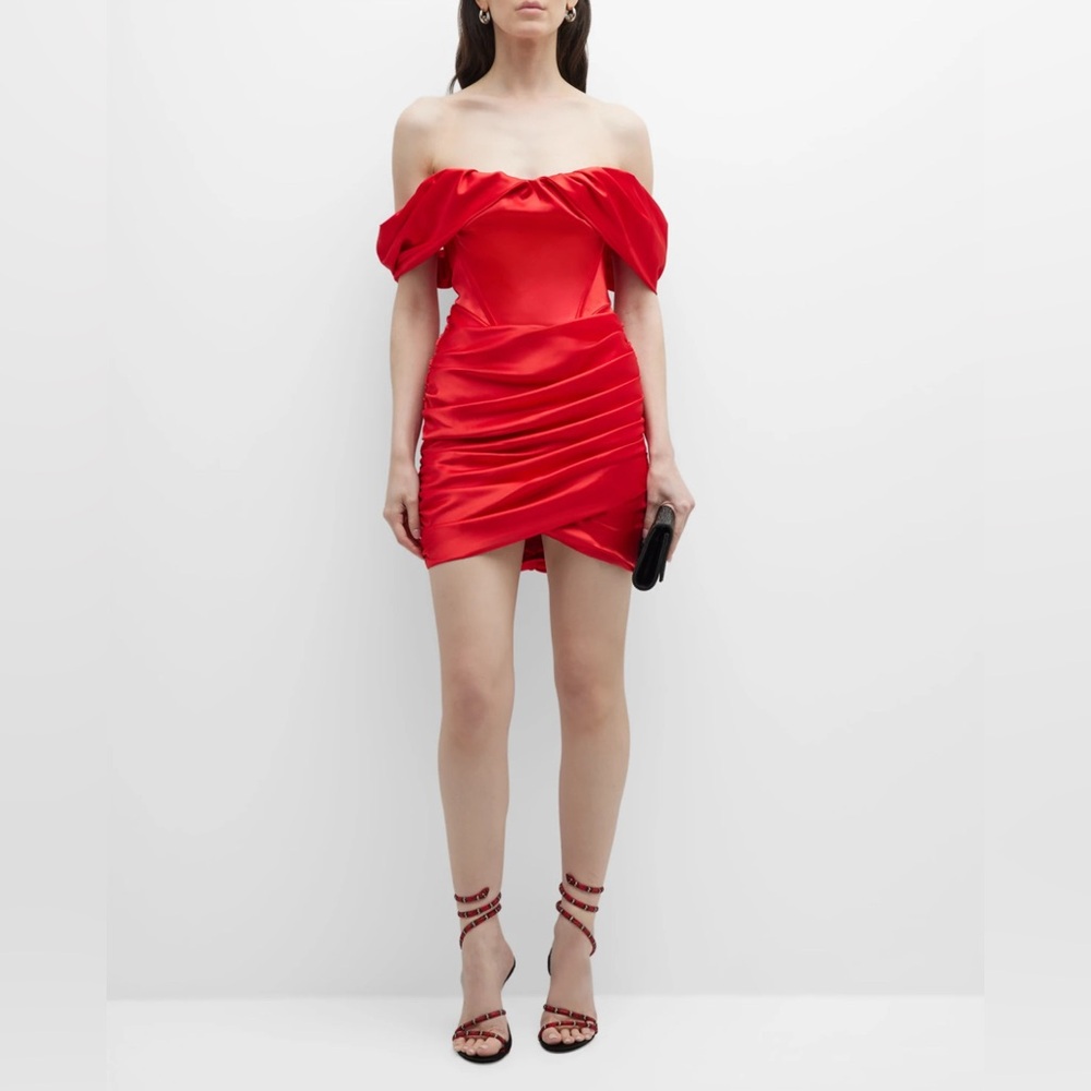 Gigii’s Red Satin Mini Dress Ruched Red Evening Prom Formal Cocktail Sz Large